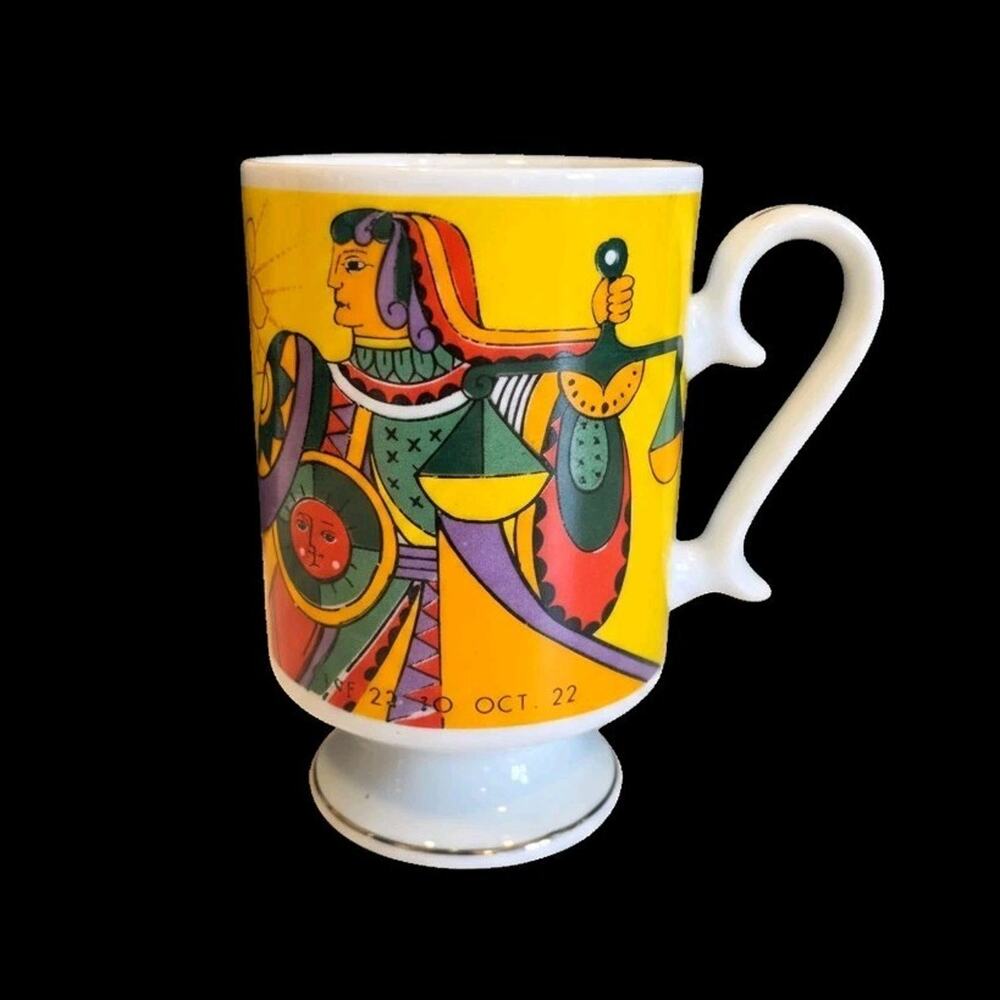 Vintage 70s Zodiac Libra Sign Footed Coffee Mug Horoscope Cup Pop Art 4½" EUC